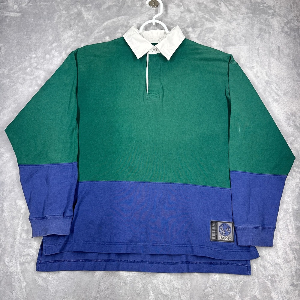 Vtg EDDIE BAUER EBTEK Rugby Shirt Mens XL Green Blue Colorblock 90s Y2K Logo
